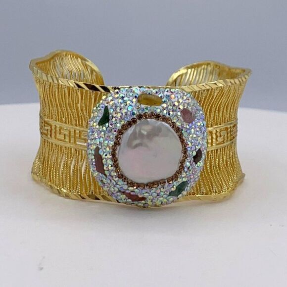 Bracelet, NWOT, wide cuff gold plated, real pearl, crystals, natural tourmaline - Picture 3 of 17